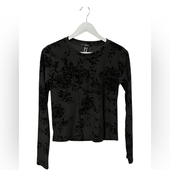 Forever 21 Black Floral Velvet Flocked Long Sleeve Top – Size Medium - Picture 1 of 4